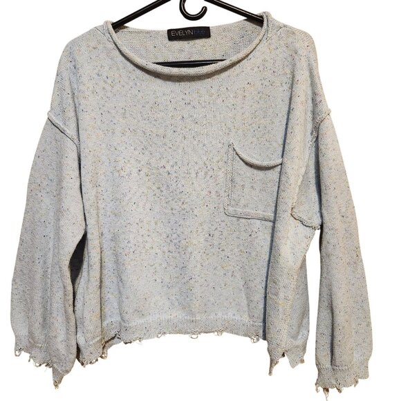Evelyn Blue Womens Size Med Speckled Knit Sweater Distressed Hem Split Seam Blue - Picture 1 of 10